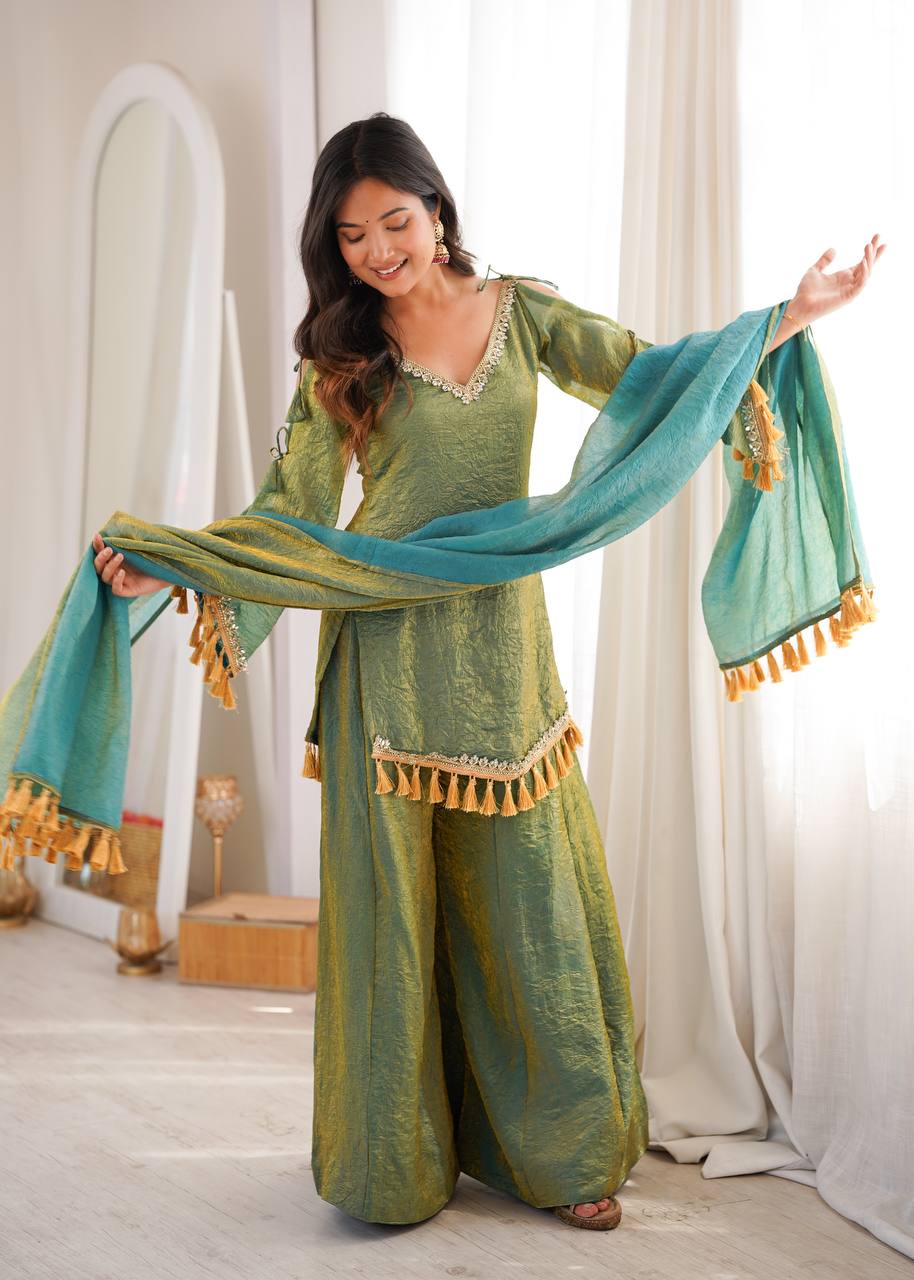 OLIVE GREEN DESIGNER KURTA PALAZZO SET WITH TASSEL DUPATTA