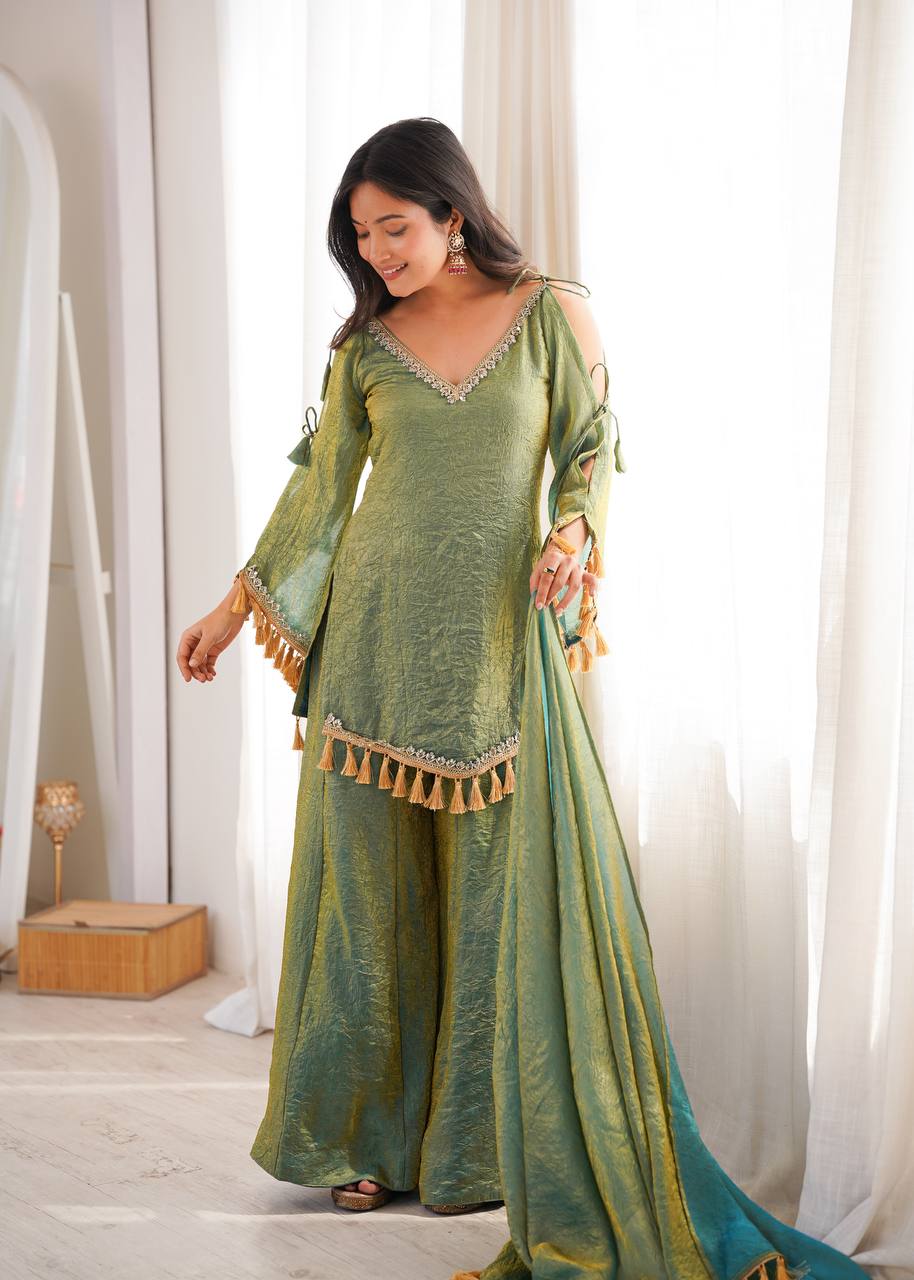 OLIVE GREEN DESIGNER KURTA PALAZZO SET WITH TASSEL DUPATTA