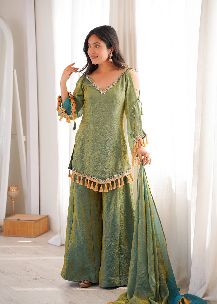 OLIVE GREEN DESIGNER KURTA PALAZZO SET WITH TASSEL DUPATTA