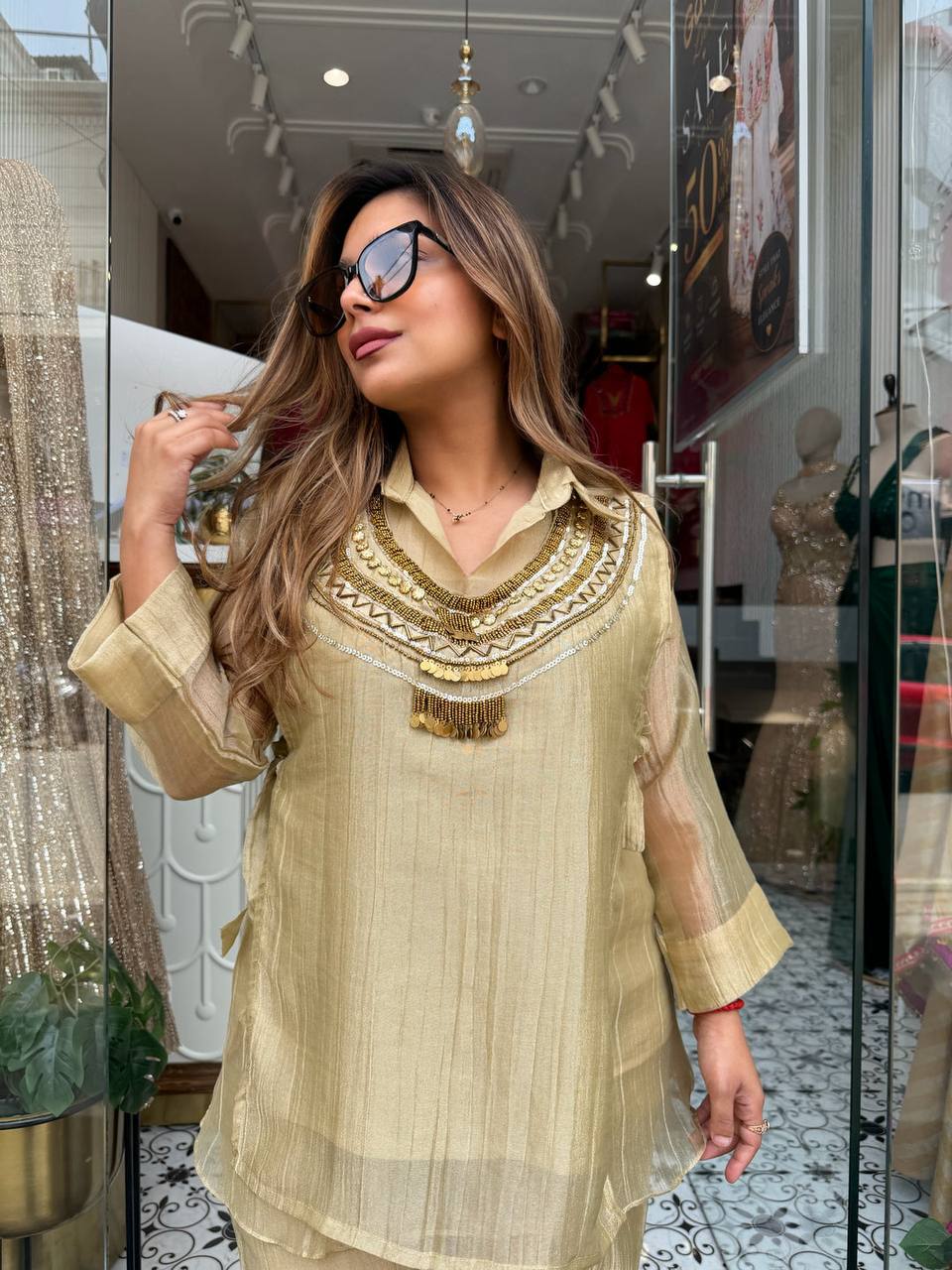 CHAMPAGNE BEIGE SALSA CRUSHED 3 PIECE CO-ORD SET