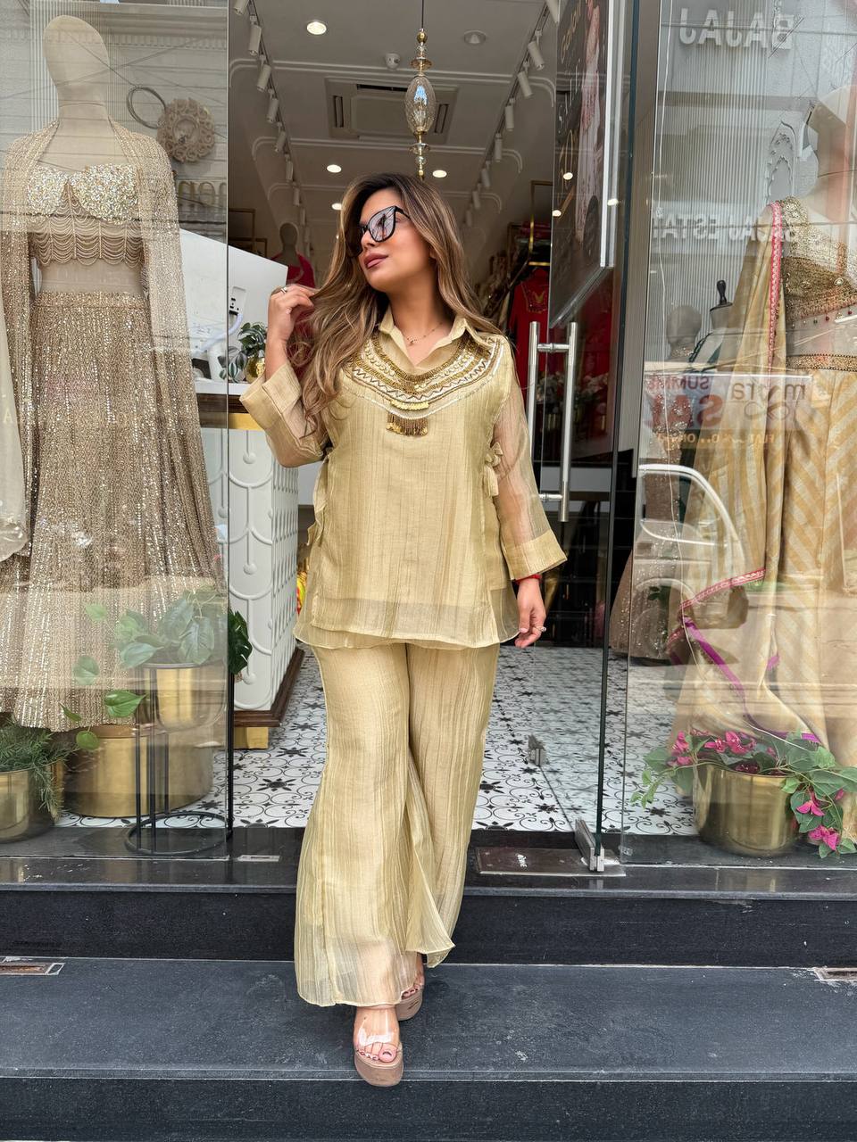 CHAMPAGNE BEIGE SALSA CRUSHED 3 PIECE CO-ORD SET