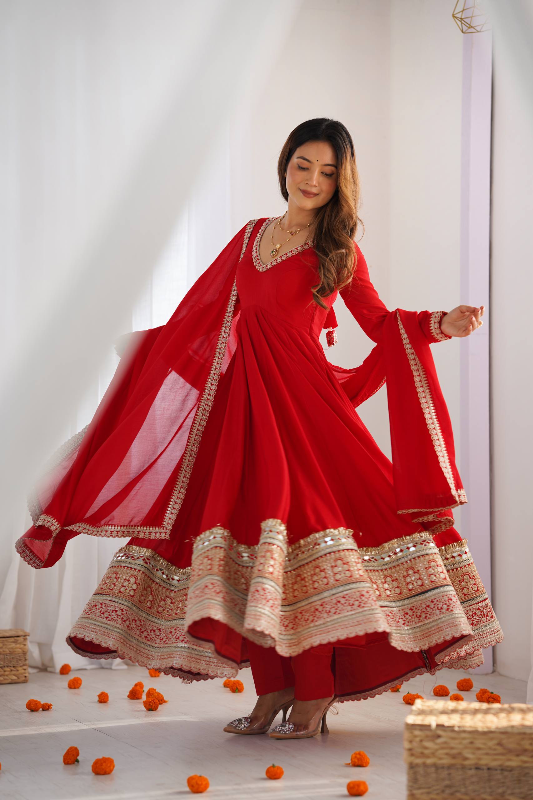 DESIGNER RED EMBROIDERED VICHITRA SILK ANARKALI GOWN WITH DUPATTA