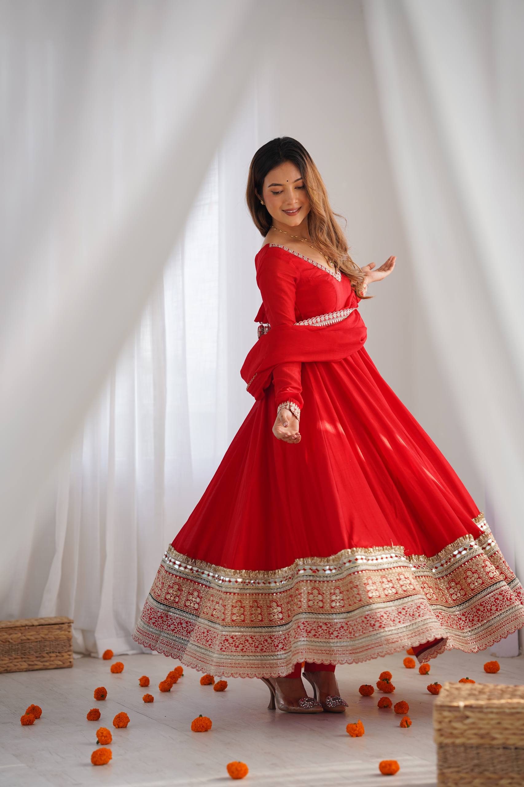 DESIGNER RED EMBROIDERED VICHITRA SILK ANARKALI GOWN WITH DUPATTA