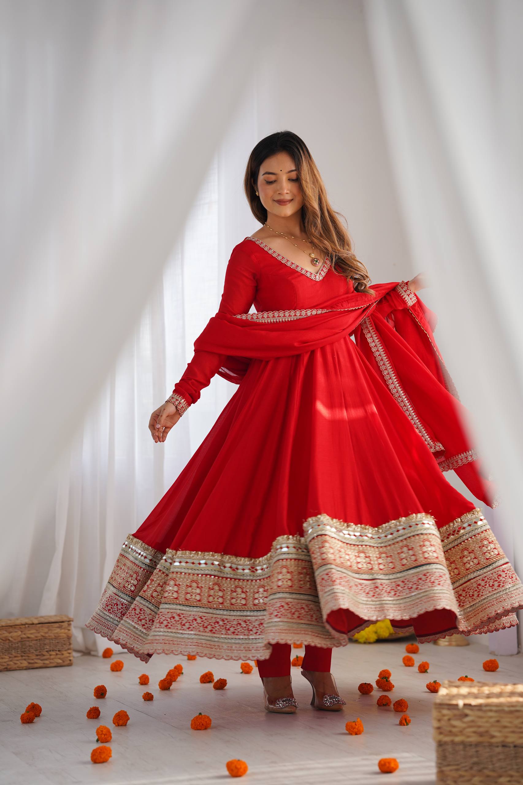 DESIGNER RED EMBROIDERED VICHITRA SILK ANARKALI GOWN WITH DUPATTA