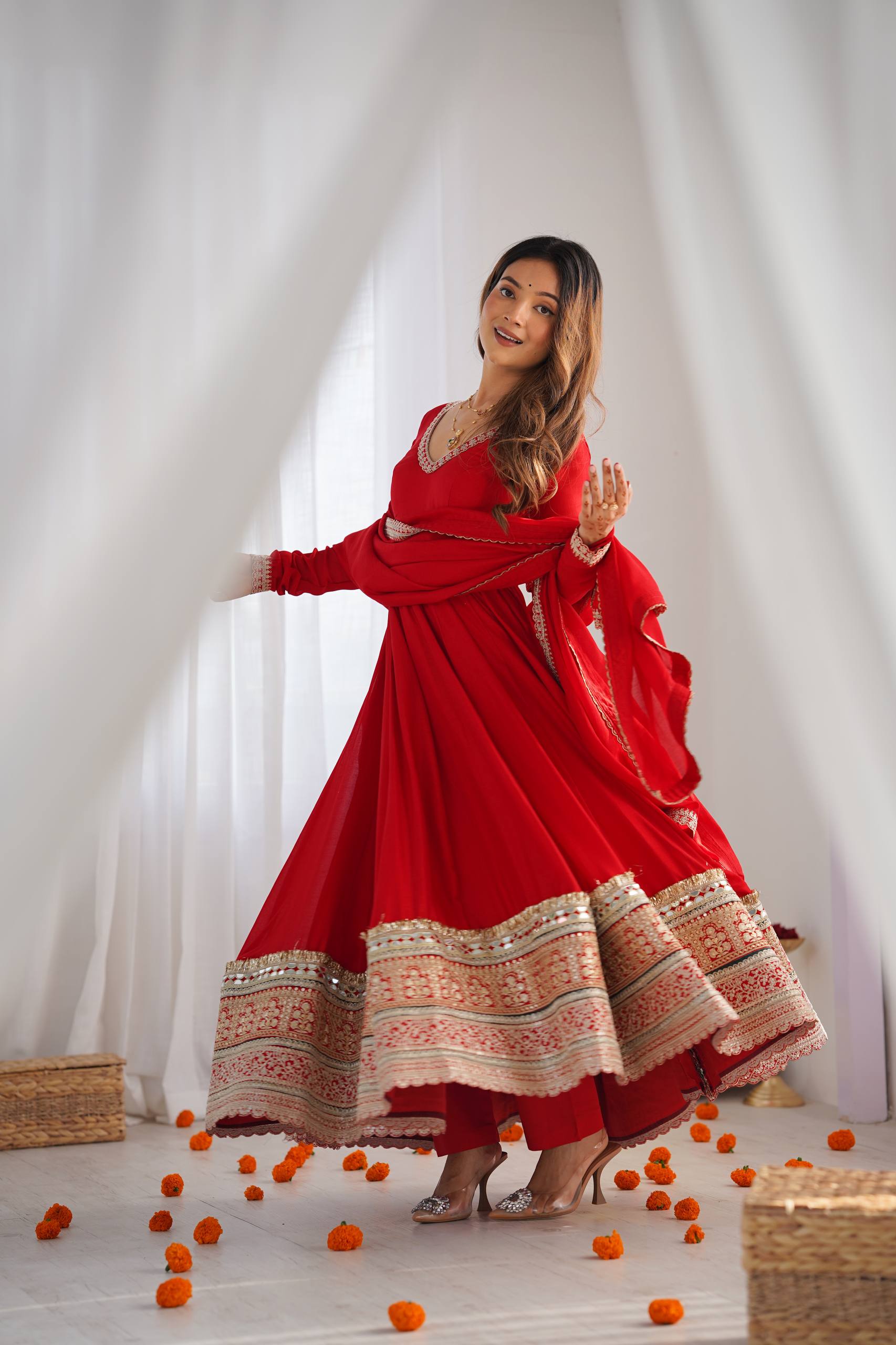 DESIGNER RED EMBROIDERED VICHITRA SILK ANARKALI GOWN WITH DUPATTA