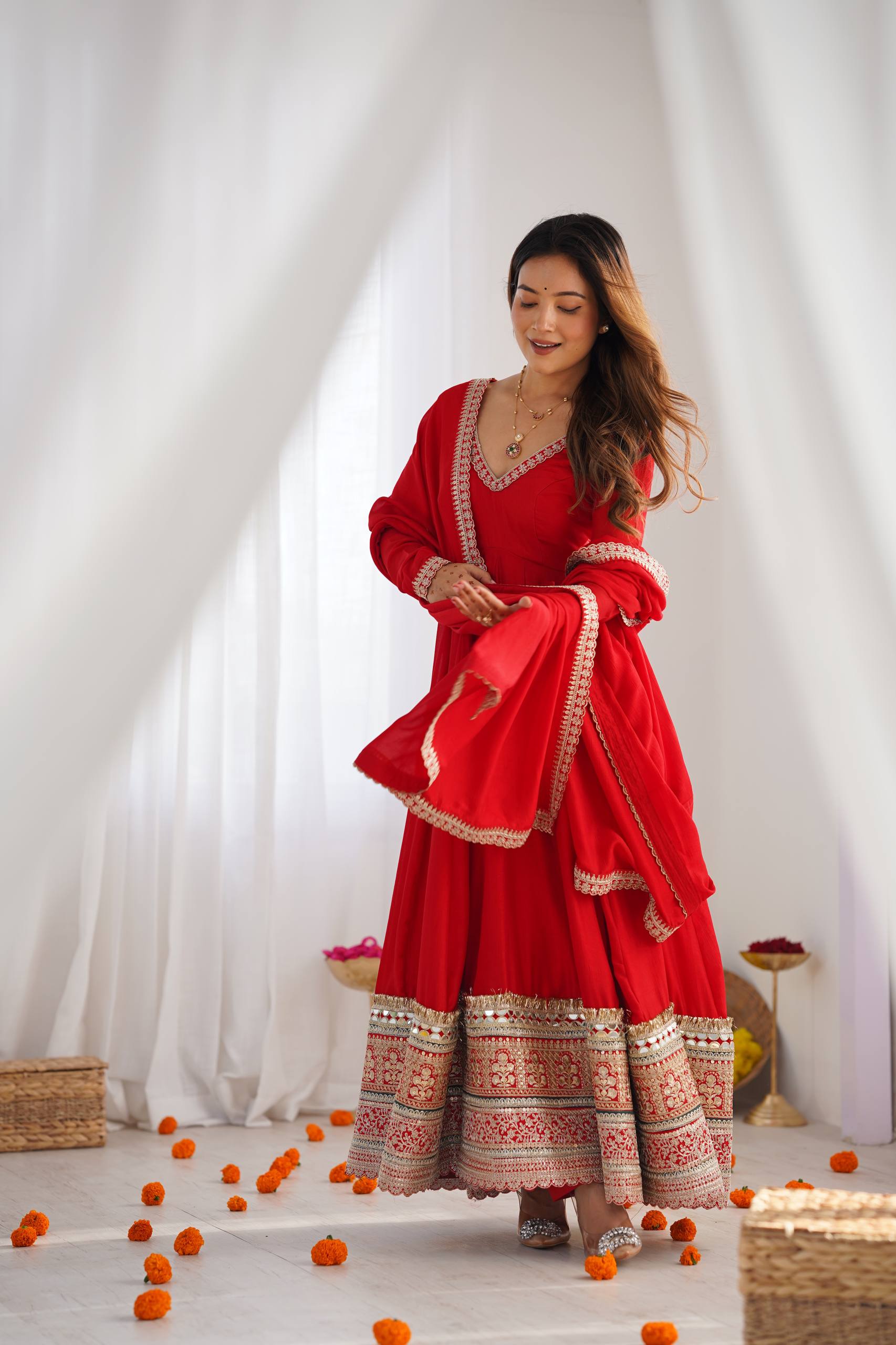 DESIGNER RED EMBROIDERED VICHITRA SILK ANARKALI GOWN WITH DUPATTA