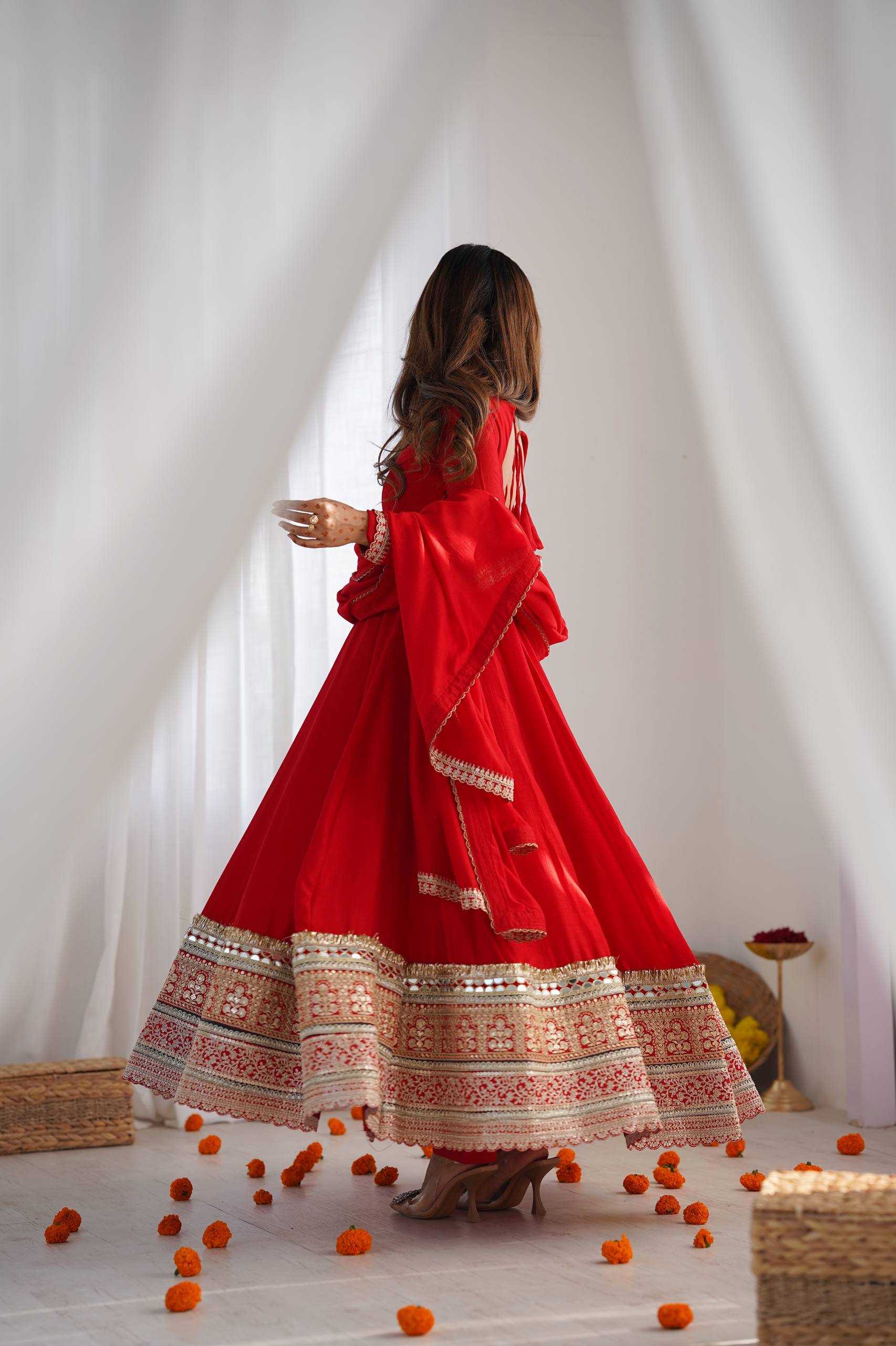 DESIGNER RED EMBROIDERED VICHITRA SILK ANARKALI GOWN WITH DUPATTA
