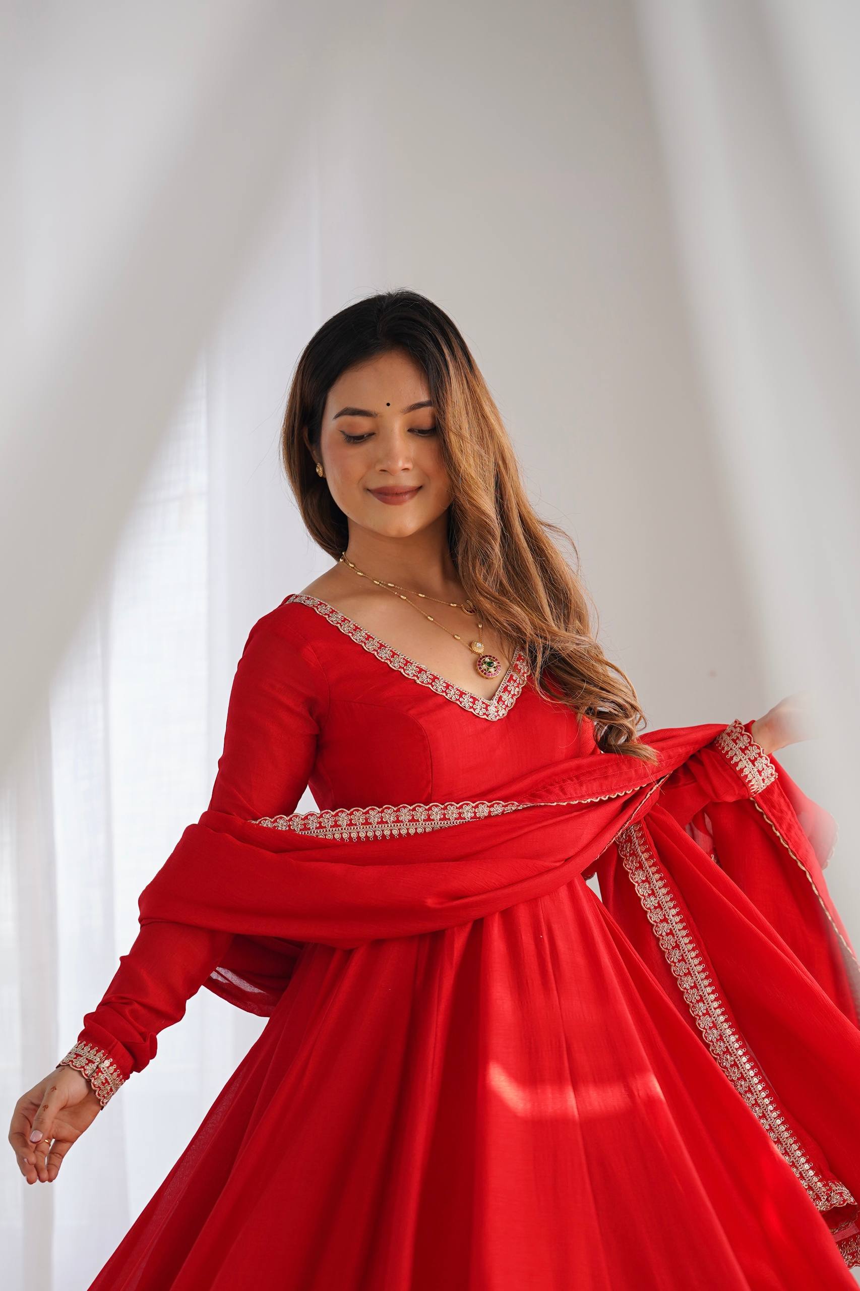 DESIGNER RED EMBROIDERED VICHITRA SILK ANARKALI GOWN WITH DUPATTA