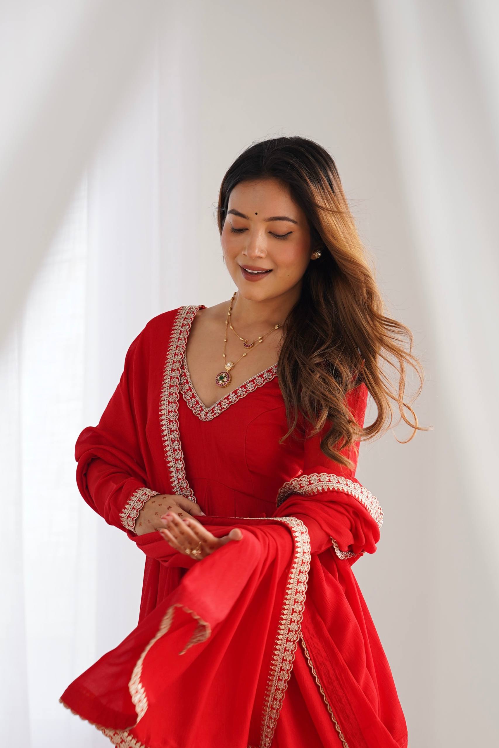 DESIGNER RED EMBROIDERED VICHITRA SILK ANARKALI GOWN WITH DUPATTA