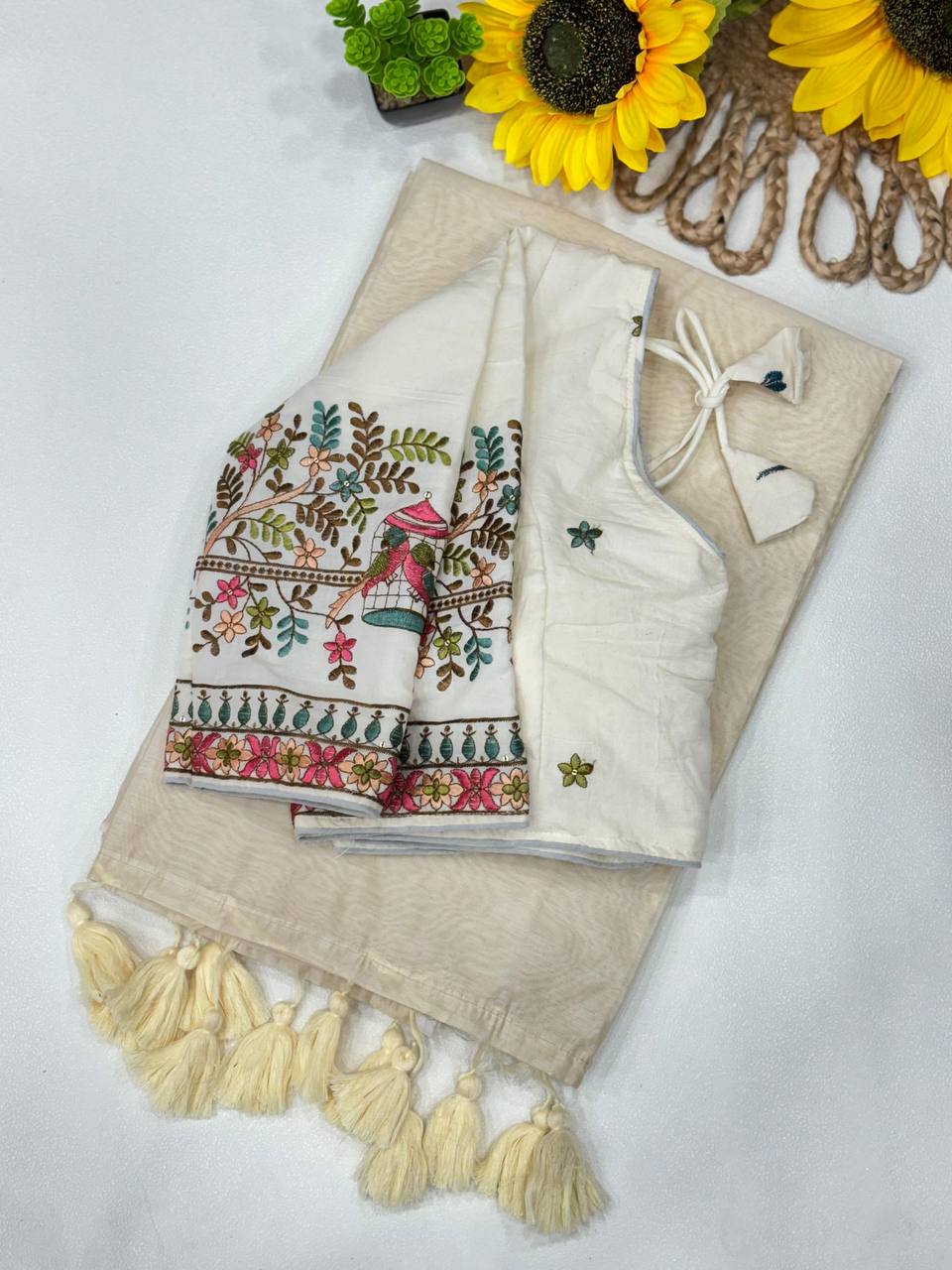 GRAY COLOR KHADI COTTON SAREE WITH FULLY STITCHED BLOUSE