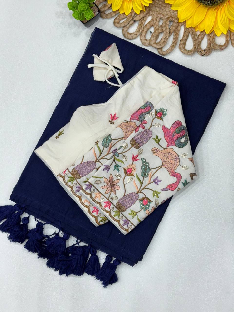 TEAL BLUE COLOR KHADI COTTON SAREE WITH FULLY STITCHED BLOUSE