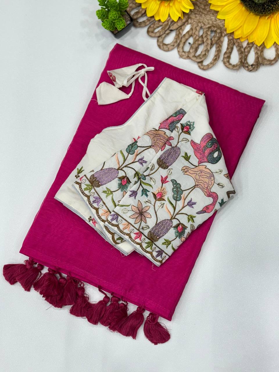 MAGENTA COLOR KHADI COTTON SAREE WITH FULLY STITCHED BLOUSE