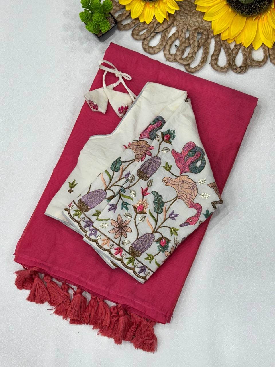 PINK COLOR KHADI COTTON SAREE WITH FULLY STITCHED BLOUSE