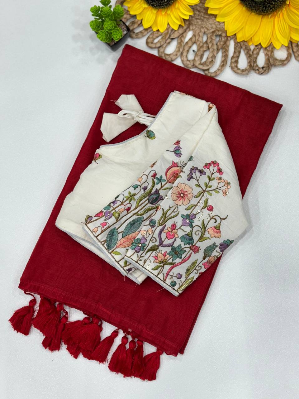 DARK RED COLOR KHADI COTTON SAREE WITH FULLY STITCHED BLOUSE