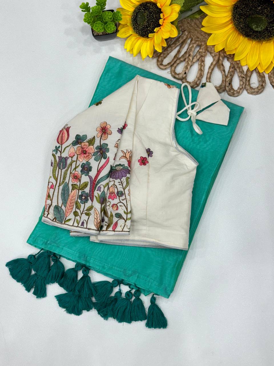 CYAN COLOR KHADI COTTON SAREE WITH FULLY STITCHED BLOUSE