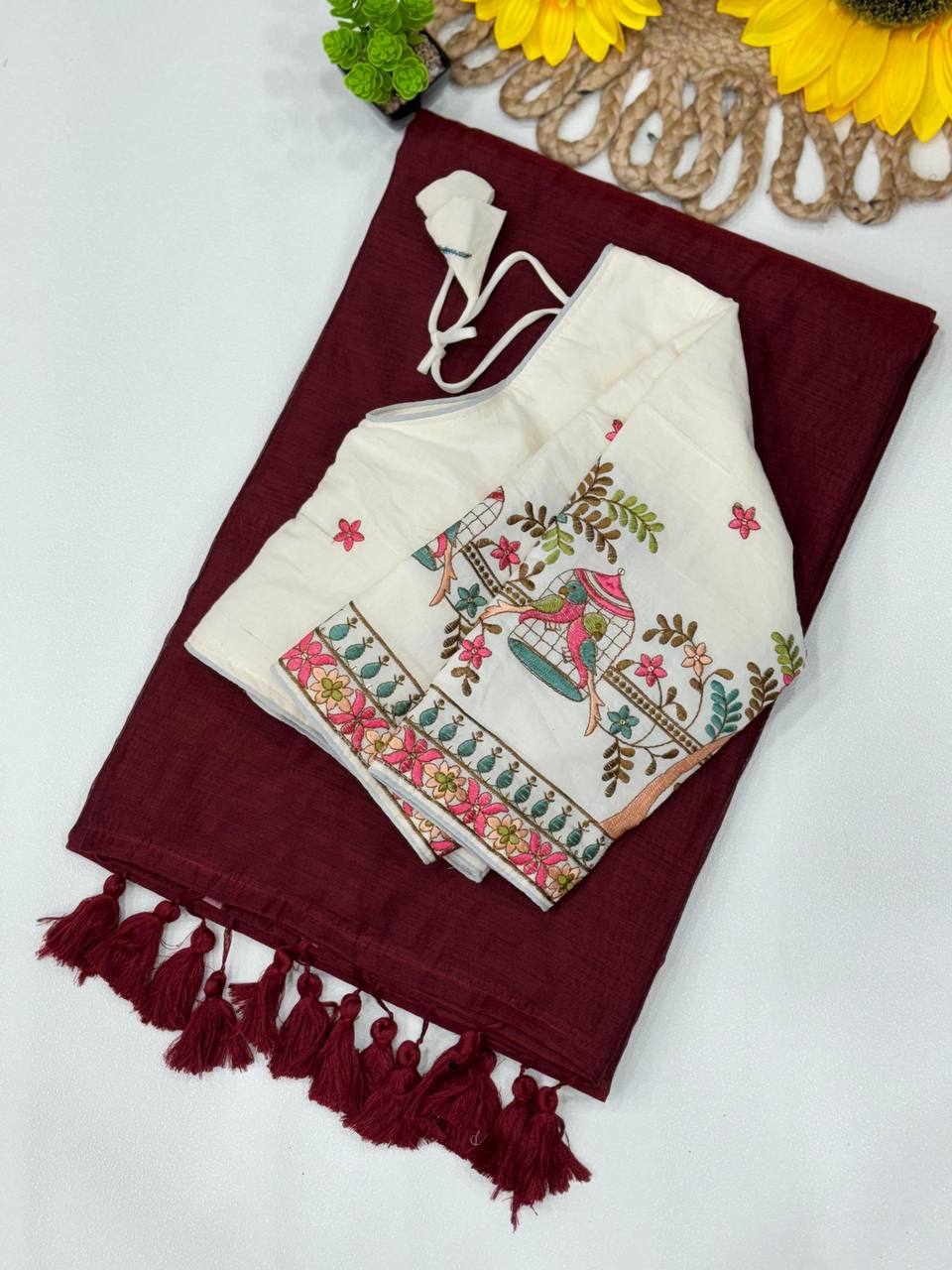 DARK BROWN COLOR KHADI COTTON SAREE WITH FULLY STITCHED BLOUSE