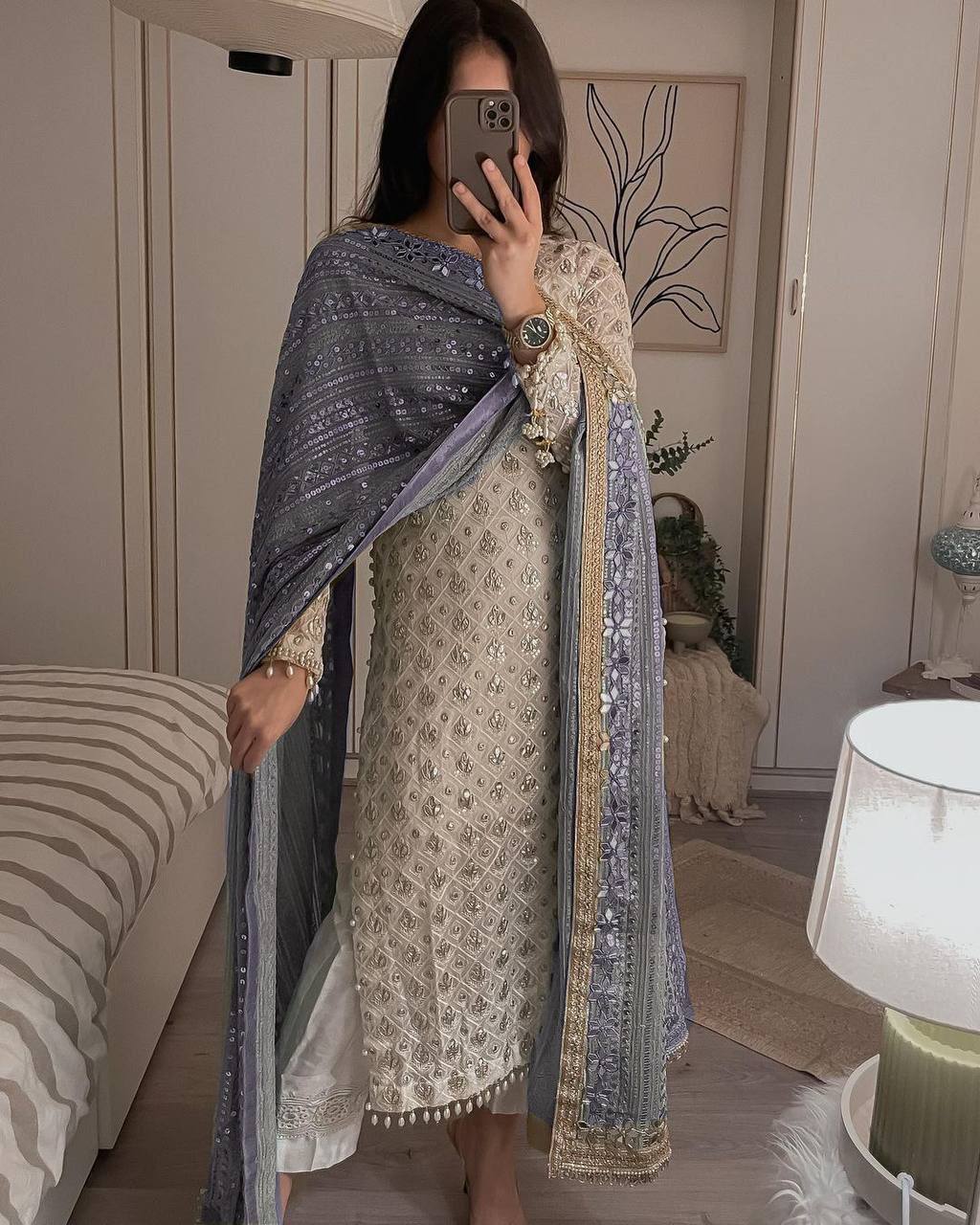 PRETTY WHITE COLOR EMBROIDERY SEQUENCE WORK SALWAR KAMEEZ WITH DOVE GREY DUPATTA