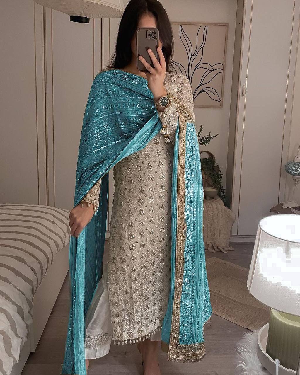 PRETTY WHITE COLOR EMBROIDERY SEQUENCE WORK SALWAR KAMEEZ WITH AQUA SEA BLUE DUPATTA