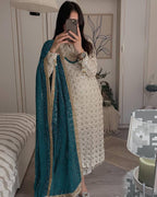 PRETTY WHITE COLOR EMBROIDERY SEQUENCE WORK SALWAR KAMEEZ WITH JAPANESE INDIGO DUPATTA