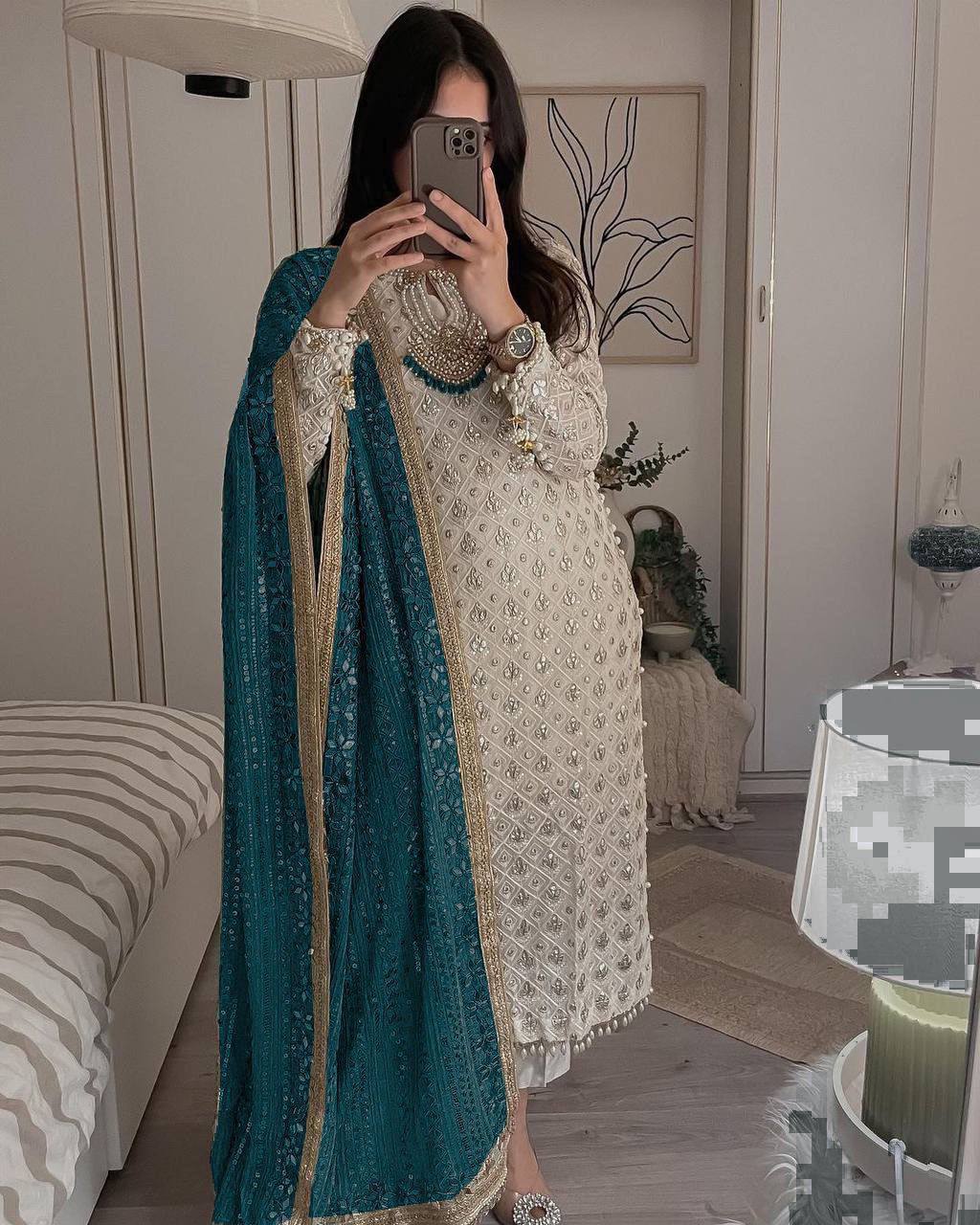 PRETTY WHITE COLOR EMBROIDERY SEQUENCE WORK SALWAR KAMEEZ WITH JAPANESE INDIGO DUPATTA