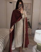 PRETTY WHITE COLOR EMBROIDERY SEQUENCE WORK SALWAR KAMEEZ WITH SEAL BROWN DUPATTA