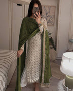 PRETTY WHITE COLOR EMBROIDERY SEQUENCE WORK SALWAR KAMEEZ WITH AIRCRAFT GREEN DUPATTA