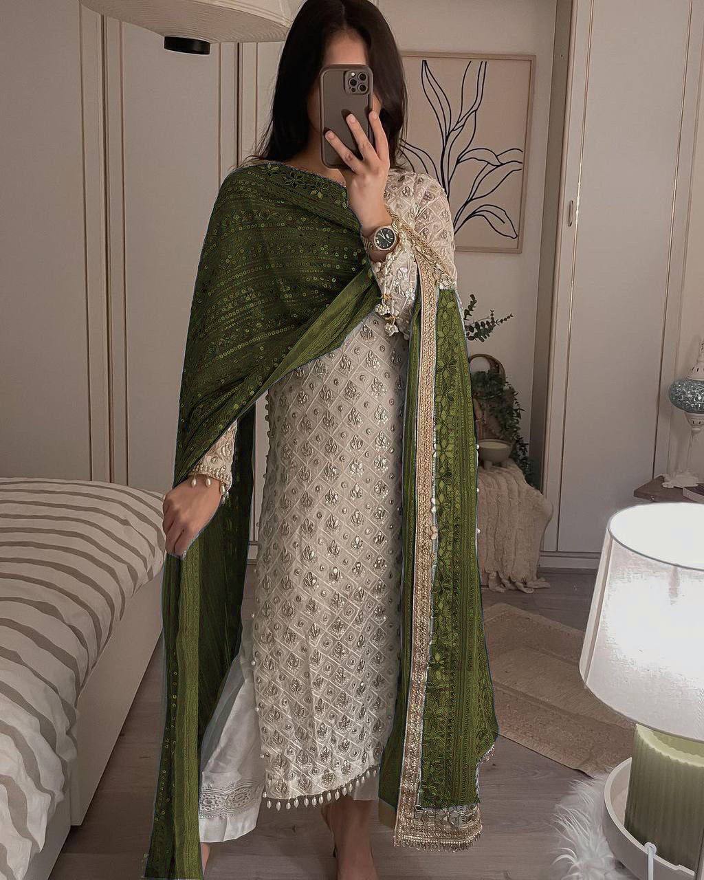 PRETTY WHITE COLOR EMBROIDERY SEQUENCE WORK SALWAR KAMEEZ WITH AIRCRAFT GREEN DUPATTA