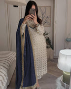 PRETTY WHITE COLOR EMBROIDERY SEQUENCE WORK SALWAR KAMEEZ WITH NAVY BLUE DUPATTA