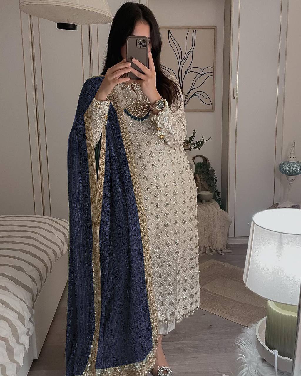 PRETTY WHITE COLOR EMBROIDERY SEQUENCE WORK SALWAR KAMEEZ WITH NAVY BLUE DUPATTA