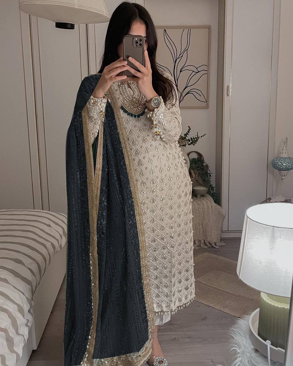 PRETTY WHITE COLOR EMBROIDERY SEQUENCE WORK SALWAR KAMEEZ WITH BLACK DUPATTA