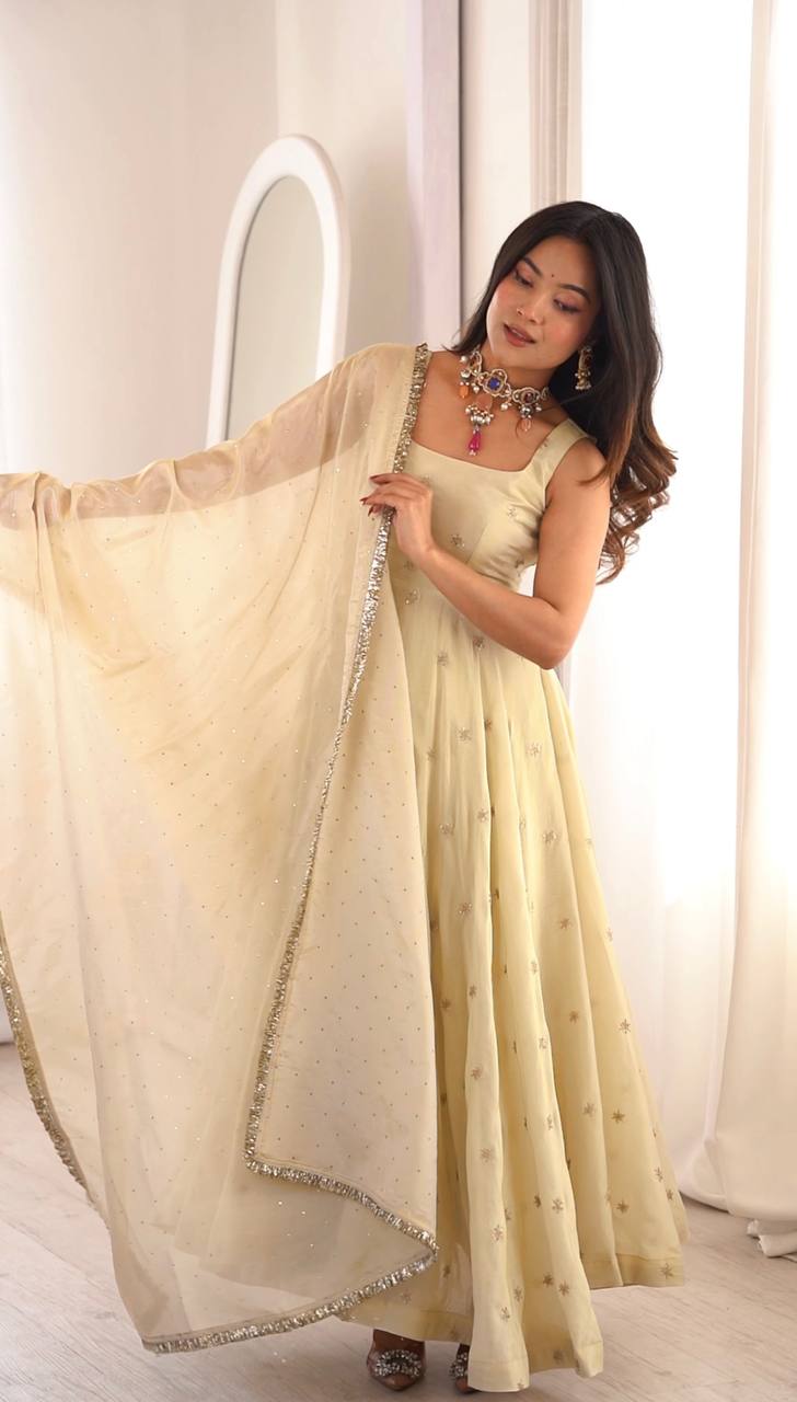 OFF WHITE COSMOS GOLD EMBROIDERED WORK ANARKALI SUIT
