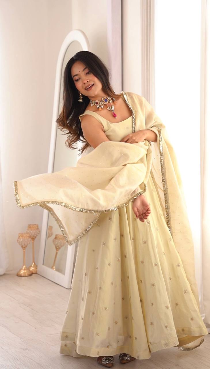 OFF WHITE COSMOS GOLD EMBROIDERED WORK ANARKALI SUIT
