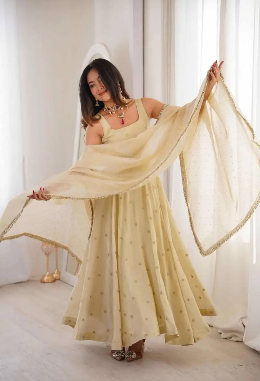 OFF WHITE COSMOS GOLD EMBROIDERED WORK ANARKALI SUIT