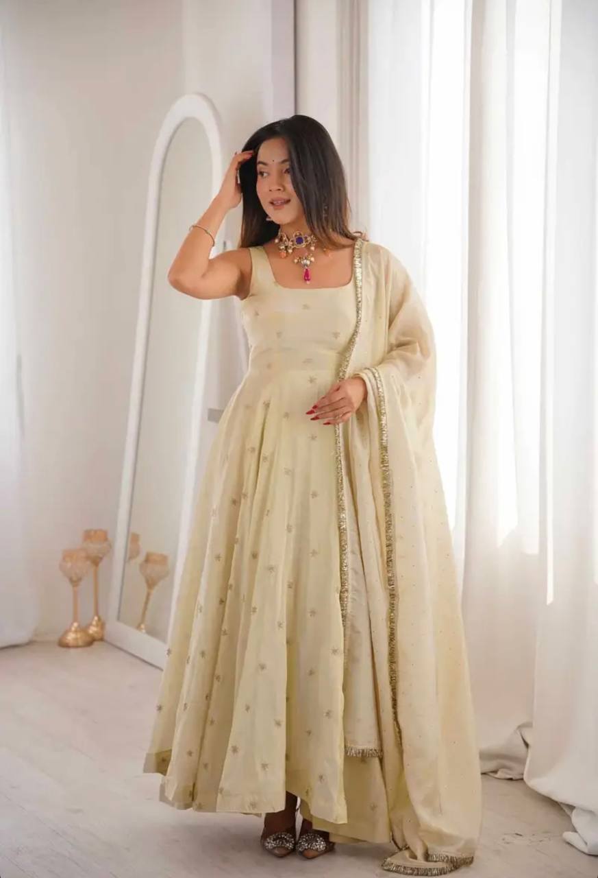 OFF WHITE COSMOS GOLD EMBROIDERED WORK ANARKALI SUIT