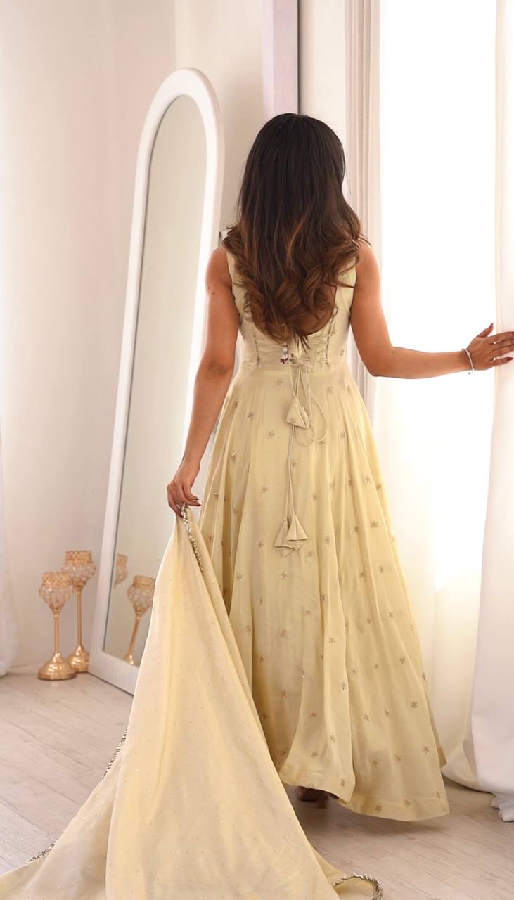 OFF WHITE COSMOS GOLD EMBROIDERED WORK ANARKALI SUIT
