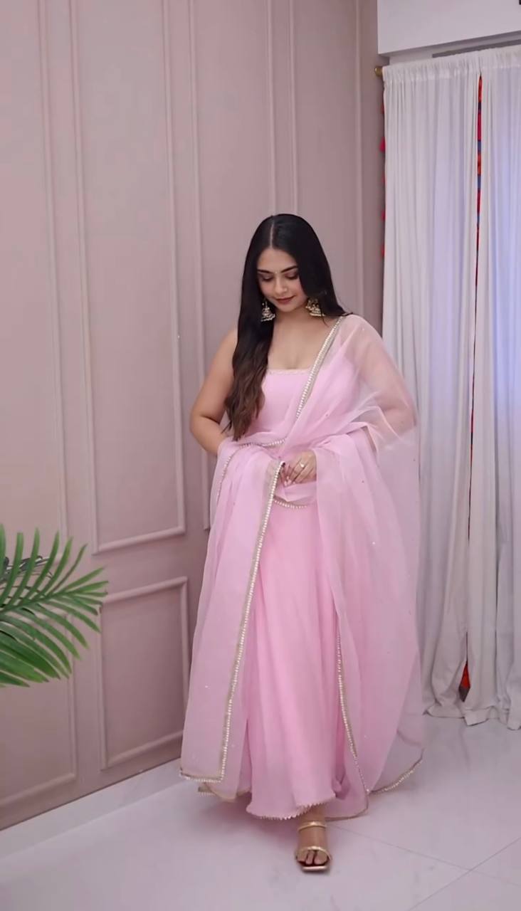 BABY PINK COLOR GEORGETTE BASE EMBROIDERY WORK ANARKALI SUIT SET OF 3