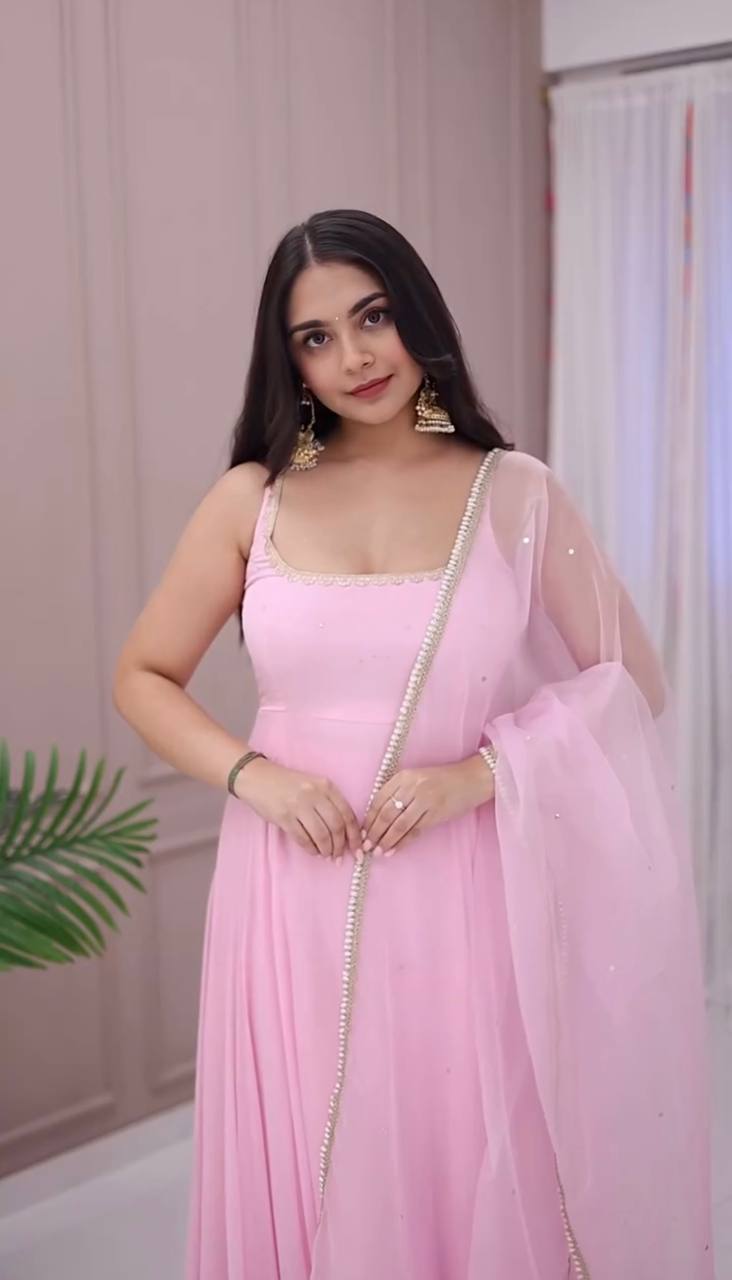 BABY PINK COLOR GEORGETTE BASE EMBROIDERY WORK ANARKALI SUIT SET OF 3