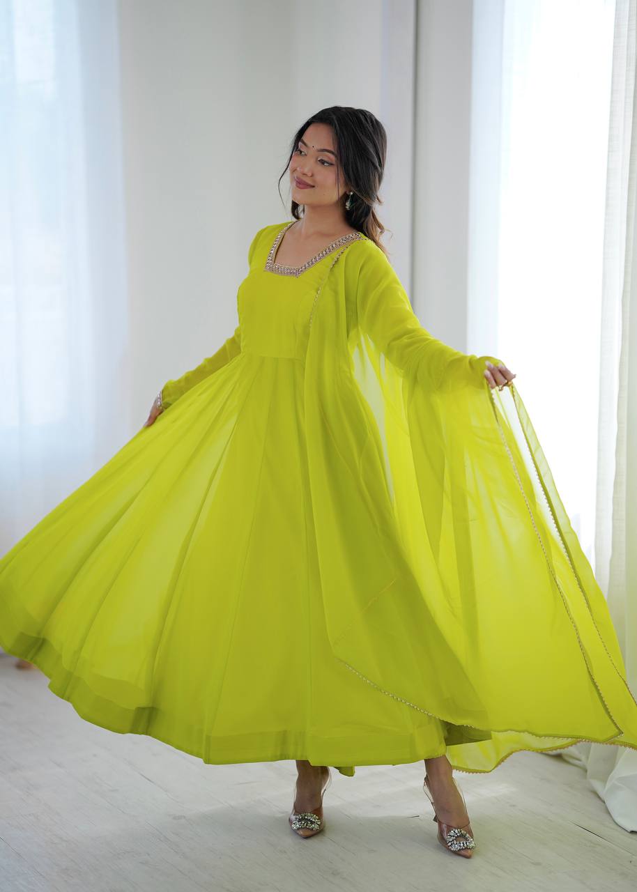 LIME YELLOW COLOR FAUX GEORGETTE FLARED ANARKALI SUIT SET