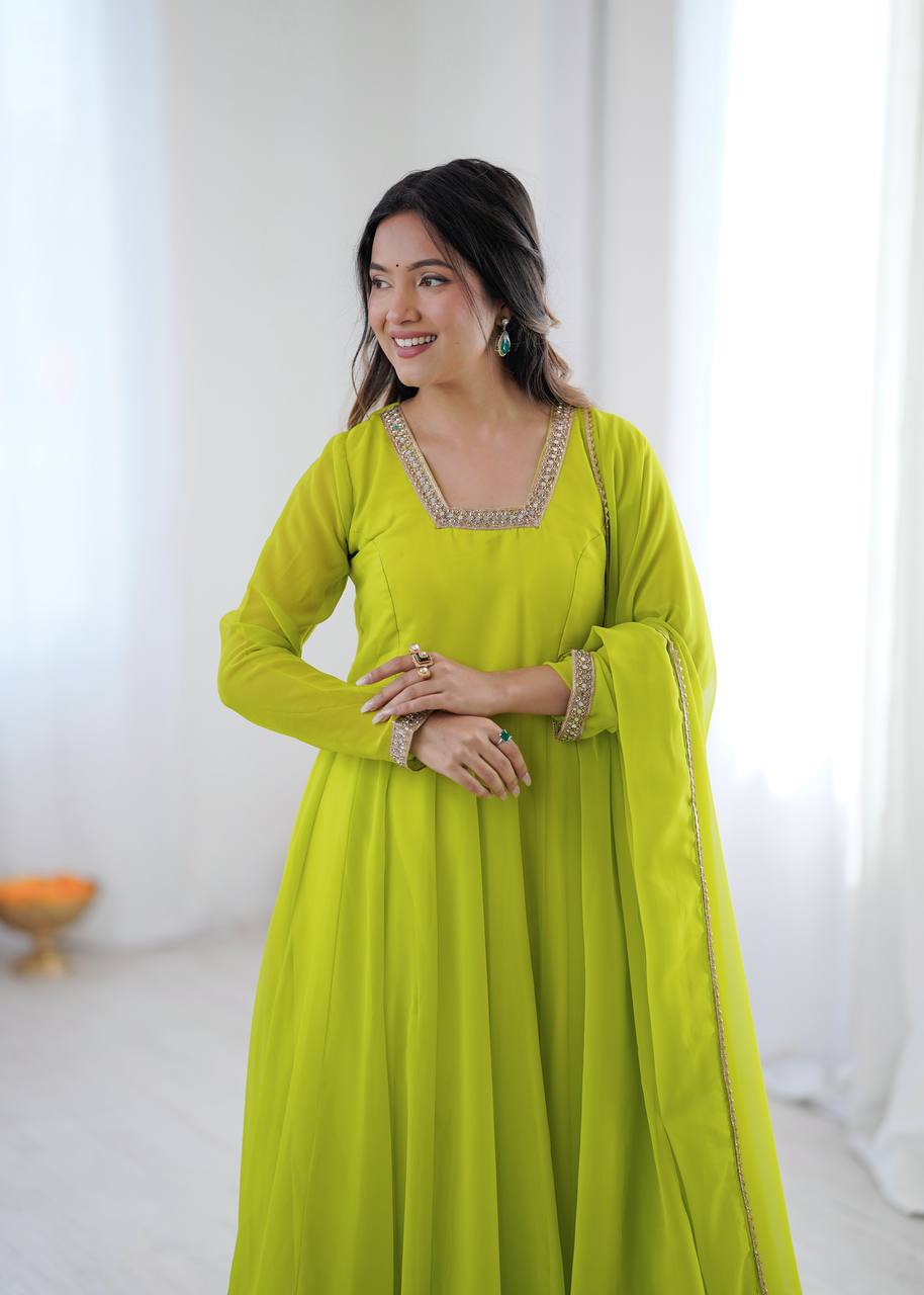 LIME YELLOW COLOR FAUX GEORGETTE FLARED ANARKALI SUIT SET