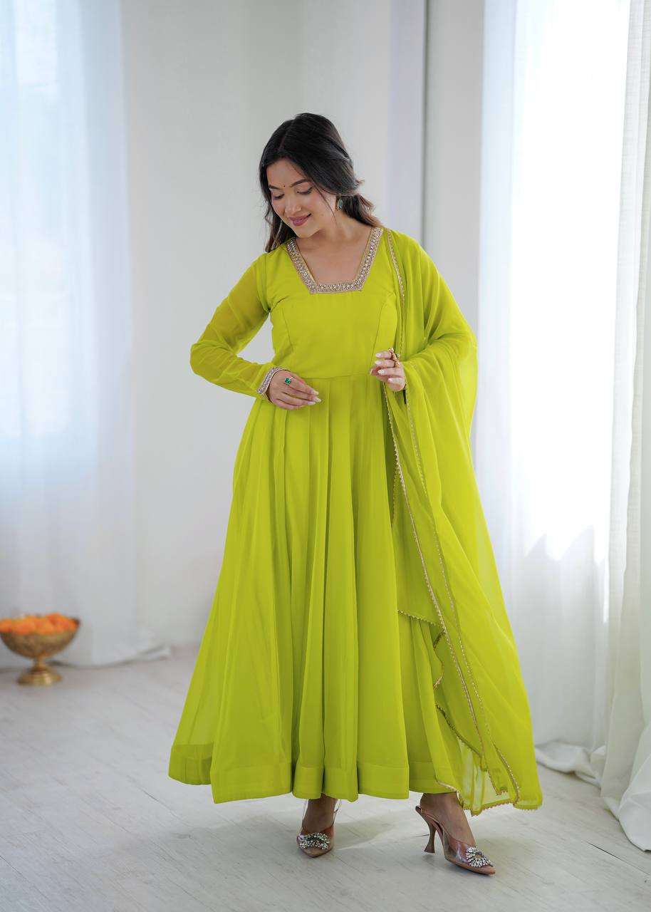 LIME YELLOW COLOR FAUX GEORGETTE FLARED ANARKALI SUIT SET
