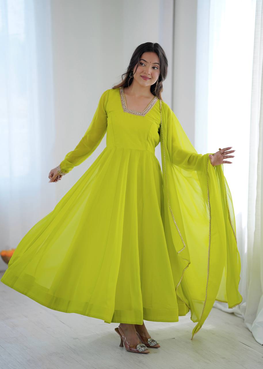 LIME YELLOW COLOR FAUX GEORGETTE FLARED ANARKALI SUIT SET