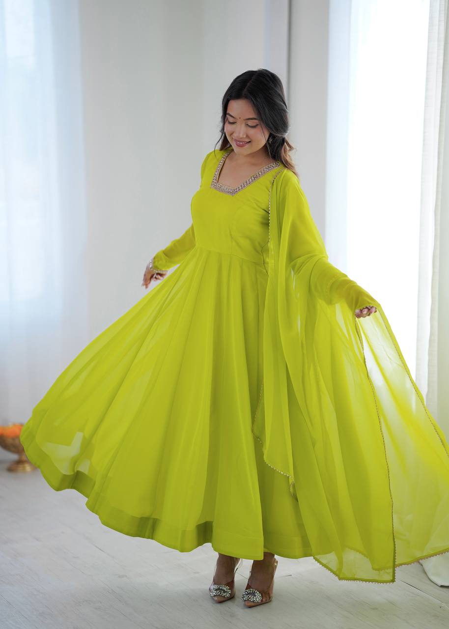 LIME YELLOW COLOR FAUX GEORGETTE FLARED ANARKALI SUIT SET