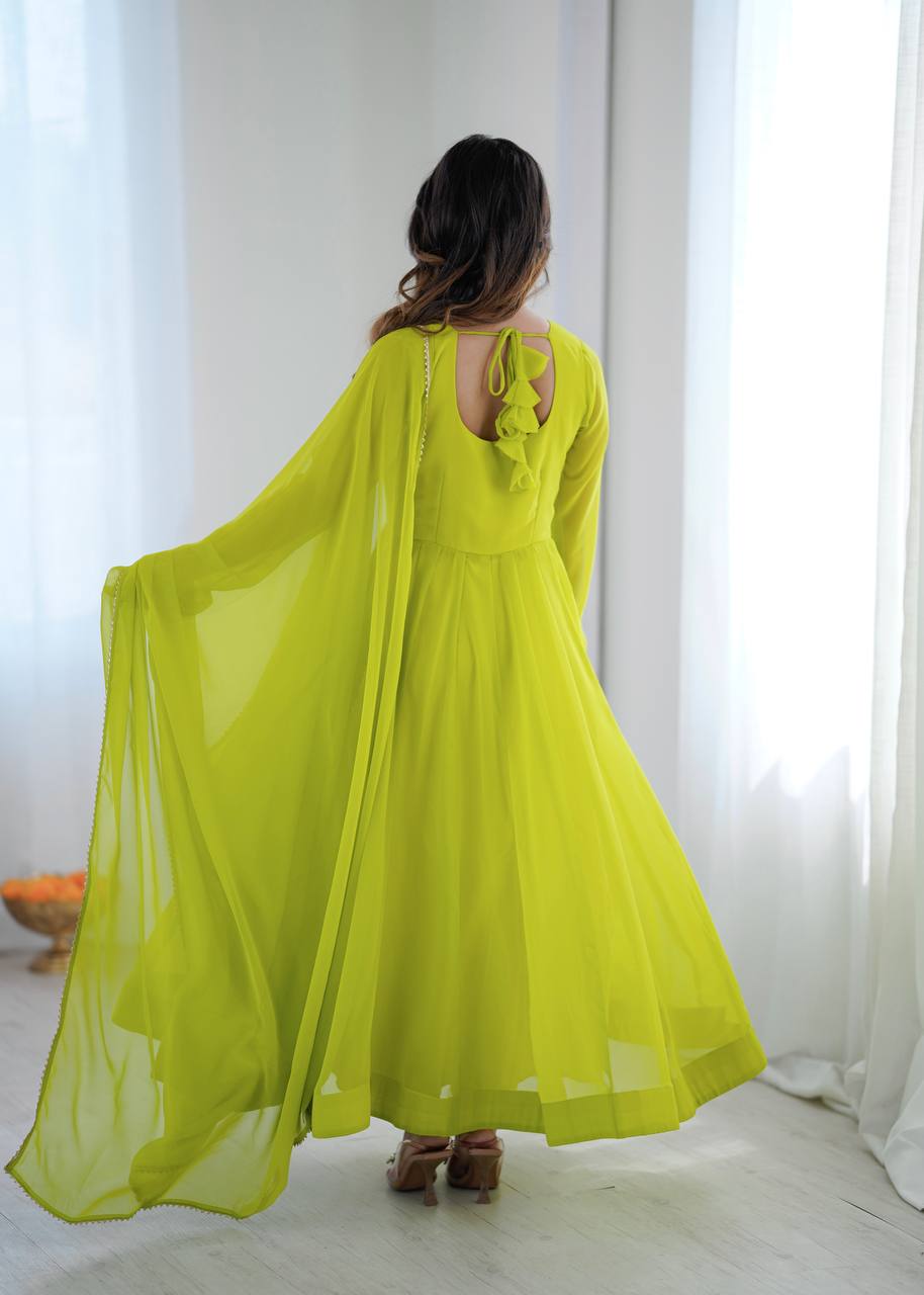 LIME YELLOW COLOR FAUX GEORGETTE FLARED ANARKALI SUIT SET