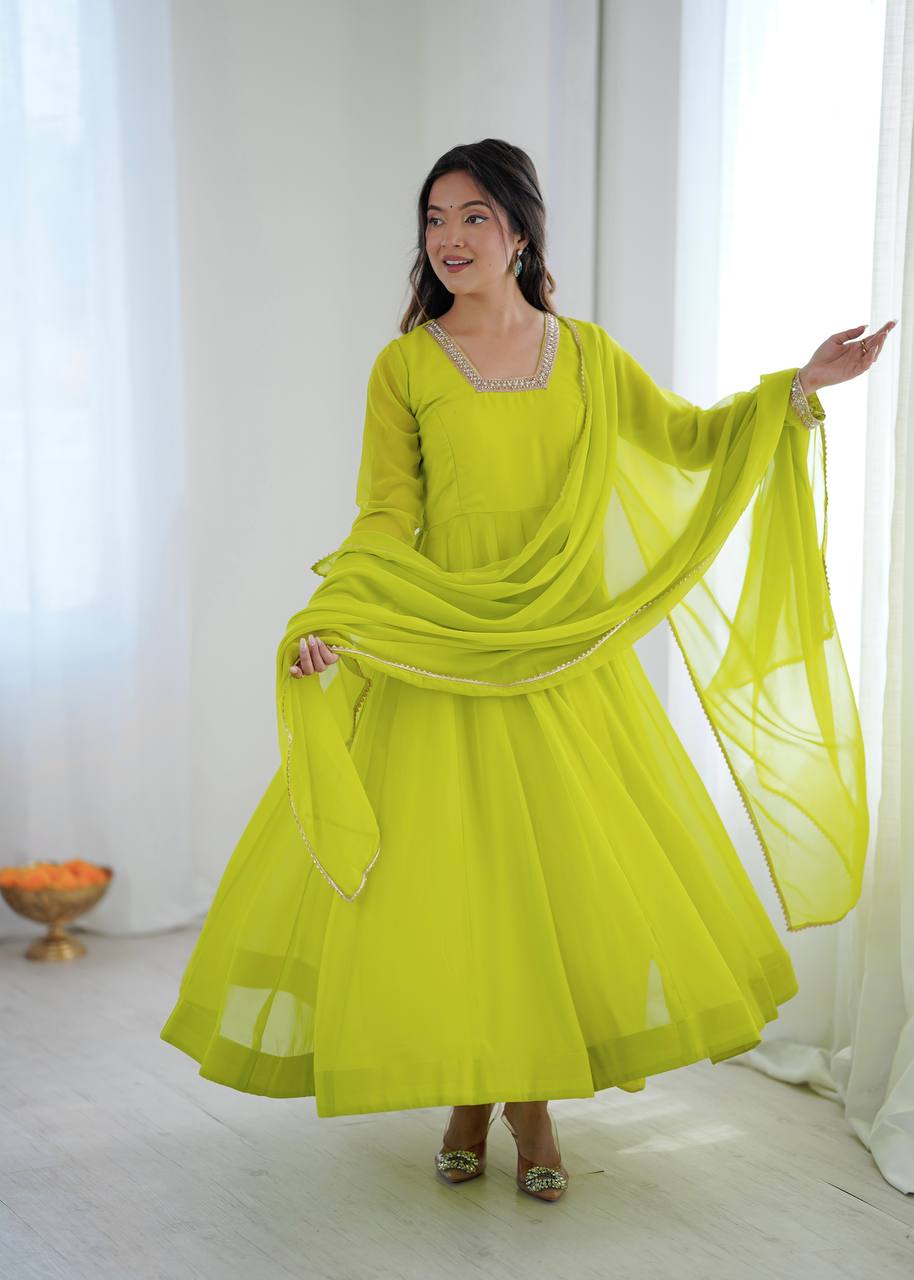 LIME YELLOW COLOR FAUX GEORGETTE FLARED ANARKALI SUIT SET