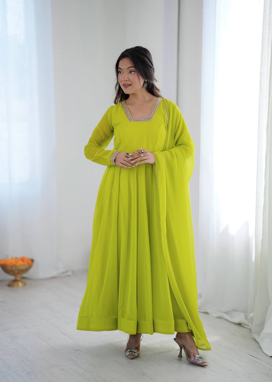 LIME YELLOW COLOR FAUX GEORGETTE FLARED ANARKALI SUIT SET