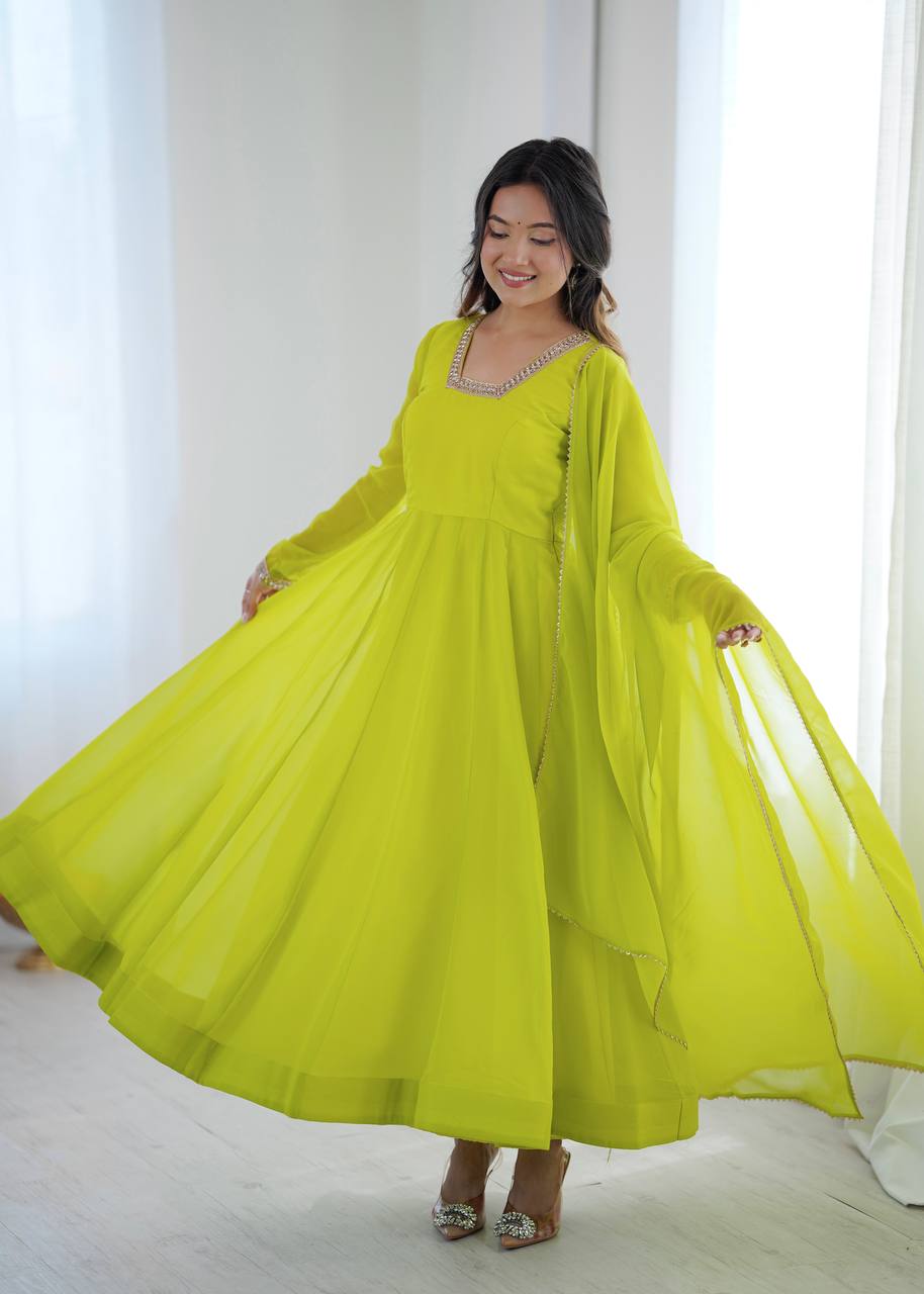 LIME YELLOW COLOR FAUX GEORGETTE FLARED ANARKALI SUIT SET
