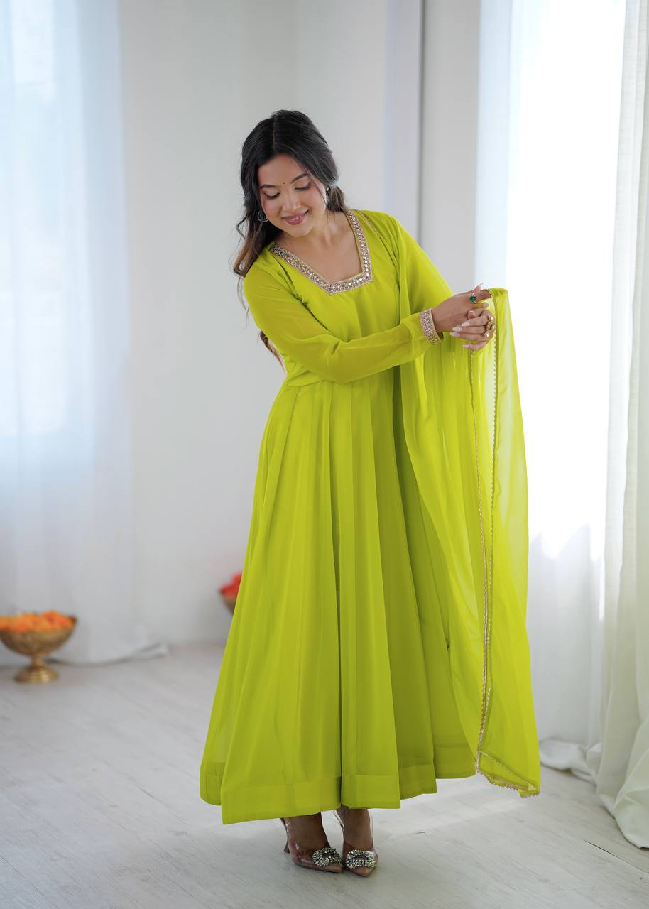 LIME YELLOW COLOR FAUX GEORGETTE FLARED ANARKALI SUIT SET