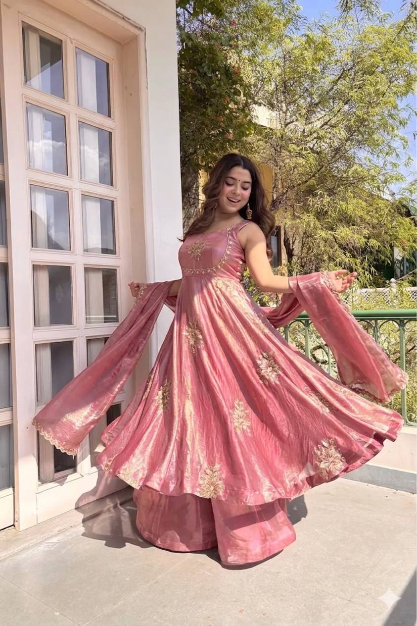 PINK DESIGNER ANARKALI WITH SABYASACHI STYLE NECKLINE