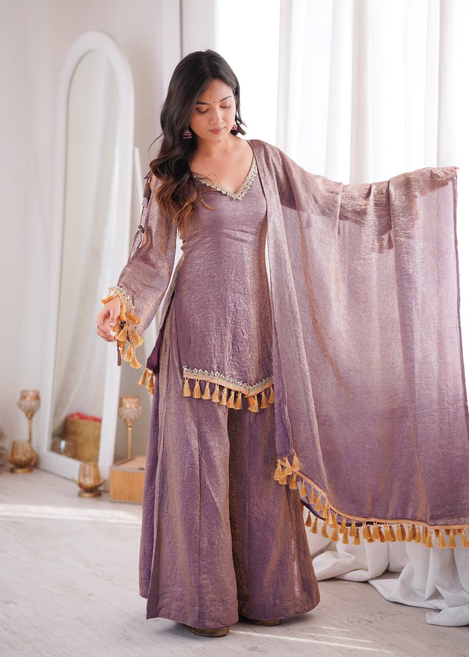 MAUVE PURPLE DESIGNER KURTA PALAZZO SET WITH TASSEL DUPATTA