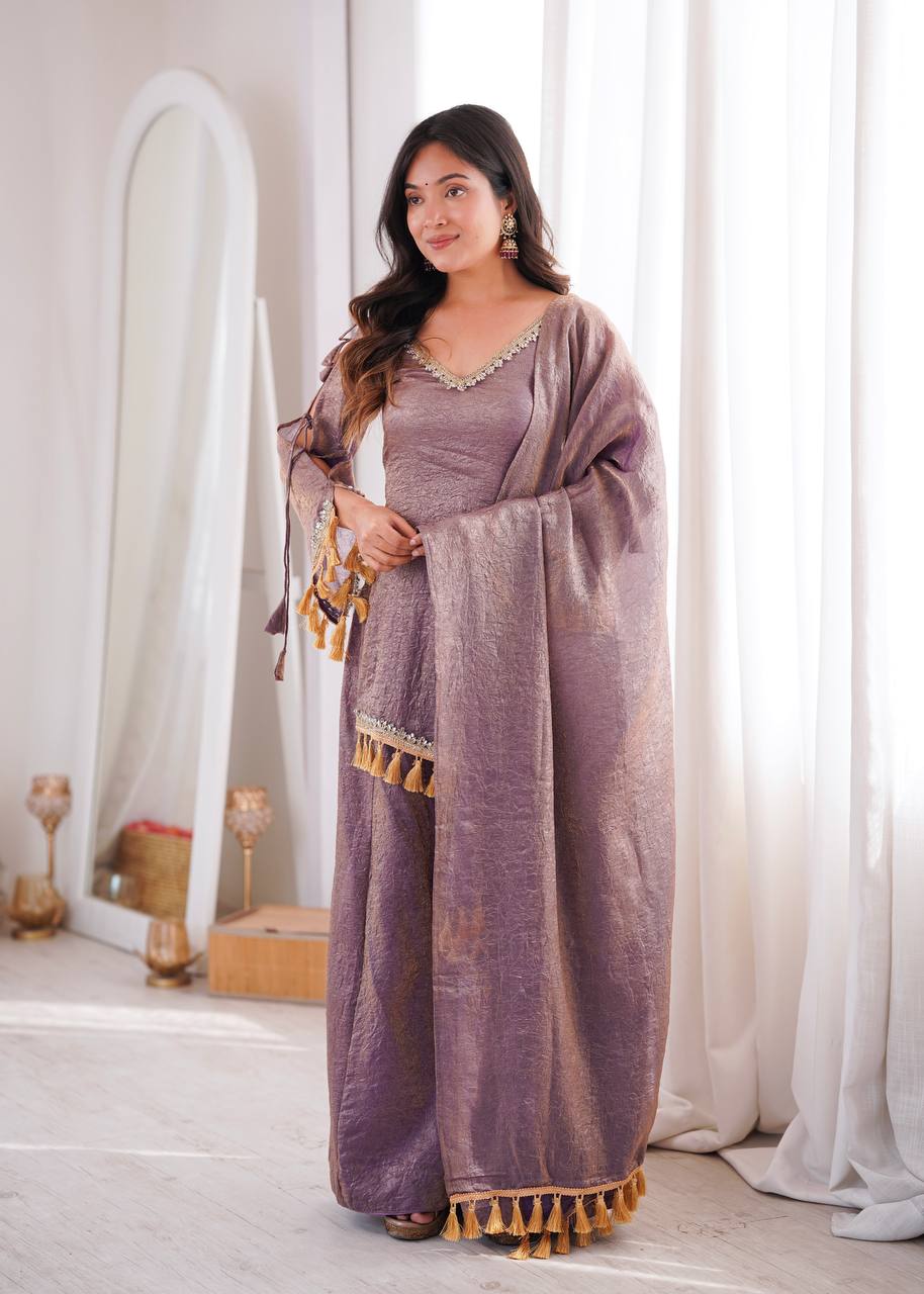 MAUVE PURPLE DESIGNER KURTA PALAZZO SET WITH TASSEL DUPATTA